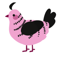 Roxy, a pink and black chicken with a half-bar pattern