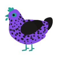 Tic, a blurple and sable chicken with a speckle pattern