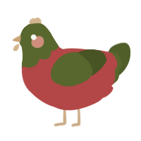 Fish, a red and olive chicken with a head pattern