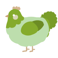 A gluppy and chartreuse chicken with a head pattern