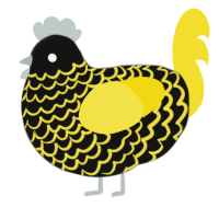 A black and yellow chicken with a lace pattern