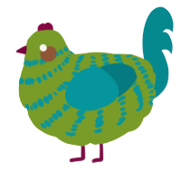 A chartreuse and teal chicken with a bar pattern