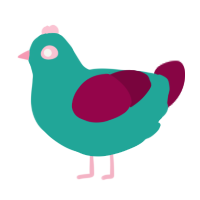A turquoise and maroon chicken