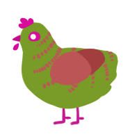 A chartreuse and red chicken with a half-bar pattern
