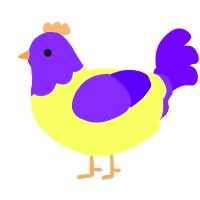 A lemon and blurple chicken with a head pattern