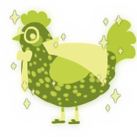 A chartreuse and lime chicken with a speckle pattern