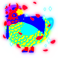 A chartreuse and sapphire chicken with a lace pattern