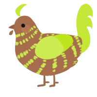 Chia Pet, a brown and lime chicken with a bar pattern