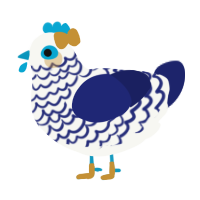 Astgenne, a white and navy chicken with a lace pattern