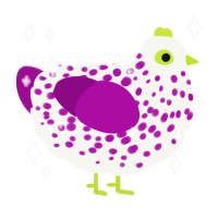 A white and plum chicken with a speckle pattern
