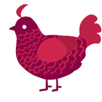 La creature, a maroon and crimson chicken with a lace pattern