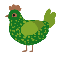 A leaf and chartreuse chicken with a speckle pattern