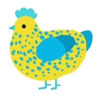 A yellow and cerulean chicken with a speckle pattern