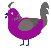 A plum and grey chicken with a neck-speckle pattern