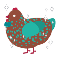 A russet and turquoise chicken with a speckle pattern