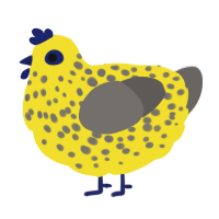 falling rocks, a yellow and grey chicken with a speckle pattern