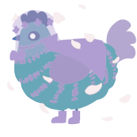 A vermilion and chartreuse chicken with a bar pattern