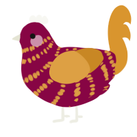 A maroon and orange chicken with a bar pattern