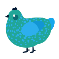 A turquoise and sky chicken with a speckle pattern