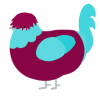 A maroon and aqua chicken with a head pattern