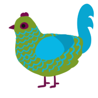 A chartreuse and cerulean chicken with a lace pattern