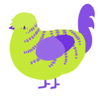 A lime and blurple chicken with a half-bar pattern