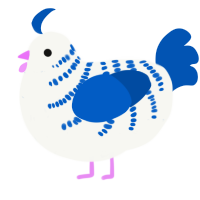 A white and ultramarine chicken with a half-bar pattern