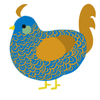 A sapphire and ochre chicken with a double-lace pattern