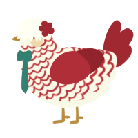 A white and crimson chicken with a lace pattern