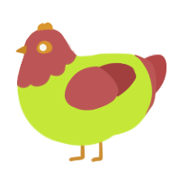 Caramel Apple, a lime and red chicken with a head pattern