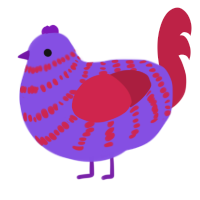 A blurple and crimson chicken with a bar pattern