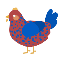 A red and ultramarine chicken with a speckle pattern