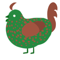 A viridian and russet chicken with a speckle pattern