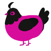 Feminist, a fuchsia and black chicken with a head pattern