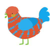Tropicana, a vermilion and sky chicken with a bar pattern