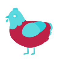 CMYK, a crimson and aqua chicken with a head pattern