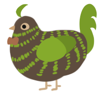 Kiwi, a bark and chartreuse chicken with a bar pattern