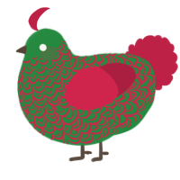 A viridian and crimson chicken with a double-lace pattern