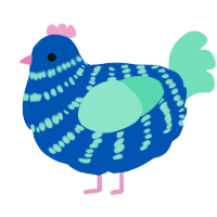 Broody, a ultramarine and mint chicken with a bar pattern
