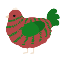 A red and leaf chicken with a bar pattern