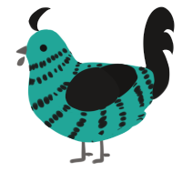 Wowie World, a turquoise and sable chicken with a bar pattern