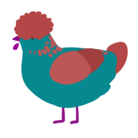 Hippy, a teal and red chicken with a neck-speckle pattern