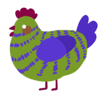 Charlie, a chartreuse and indigo chicken with a bar pattern