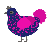 Filbert, a navy and fuchsia chicken with a speckle pattern