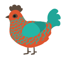 Chimera, a vermilion and turquoise chicken with a lace pattern