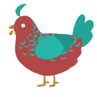 red macaw, a red and turquoise chicken with a half-lace pattern