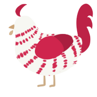 Red velvet cake, a white and crimson chicken with a bar pattern