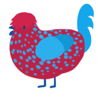 A crimson and sky chicken with a speckle pattern