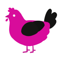 Missing No, a fuchsia and black chicken