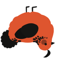 A vermilion and black chicken with a neck-speckle pattern